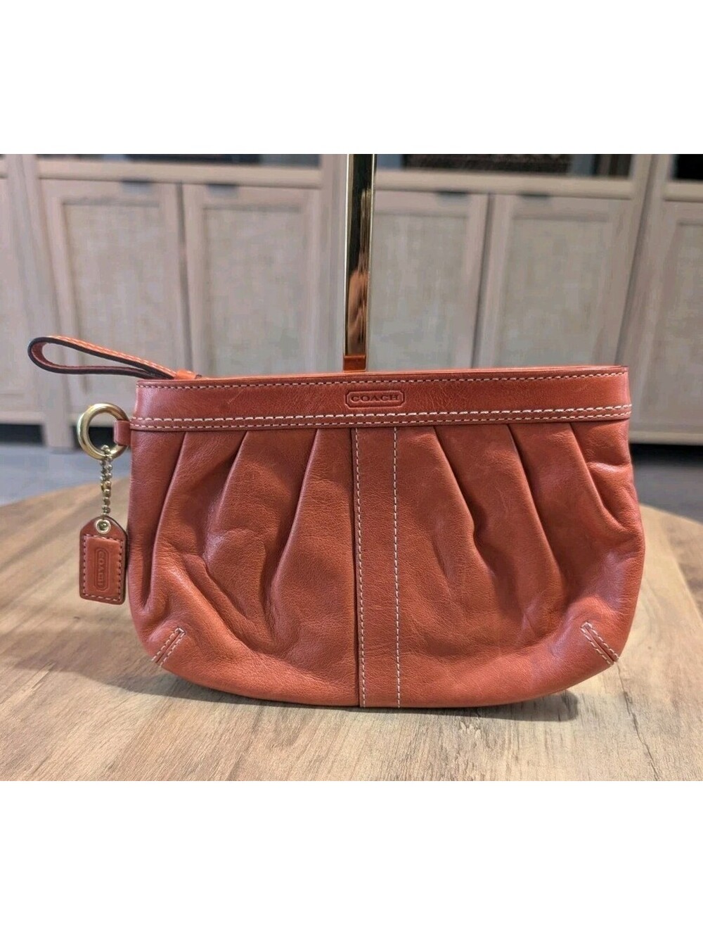 Coach F13734 Y2K Burnt Orange Leather Pleated Wristlet Clutch Pouch No Strap